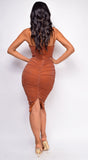 Novara Brown Sparkle Mesh Ruched Dress