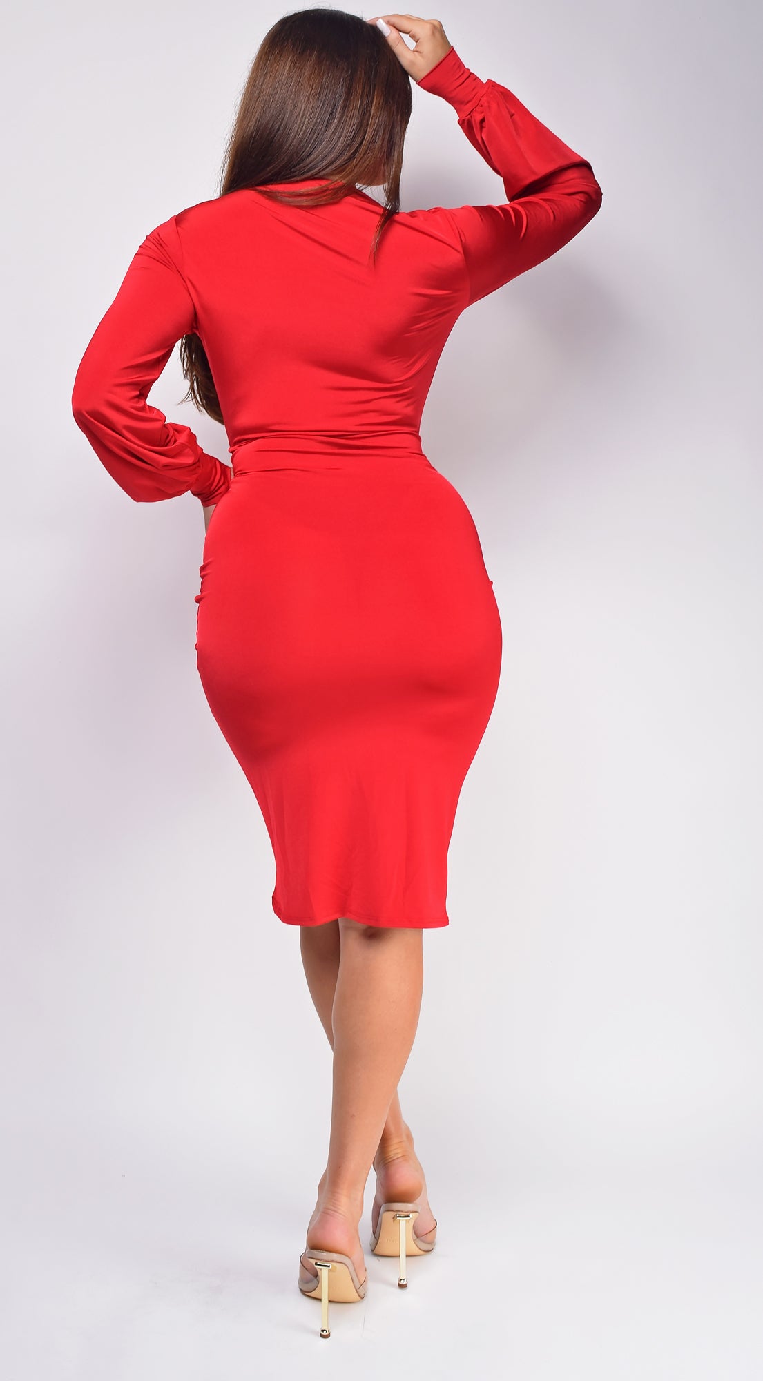 Sarai Red Plunge Front Drape Midi Dress