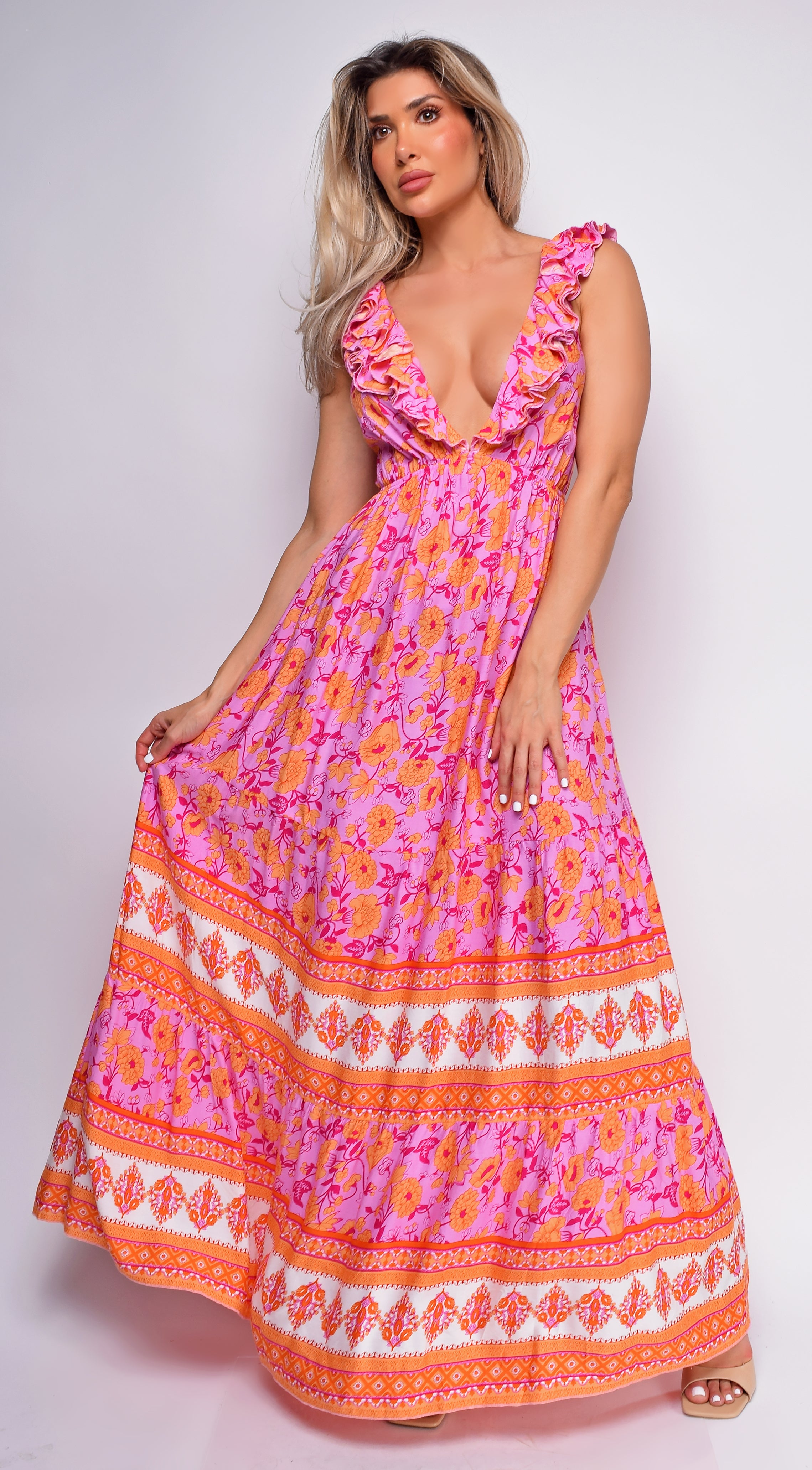 Greta Pink Multi Color Floral Print Maxi Dress