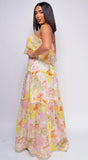 Kelly Yellow Multi Floral Print Tube Sleeveless Side Slit Dress