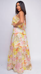 Kelly Yellow Multi Floral Print Tube Sleeveless Side Slit Dress