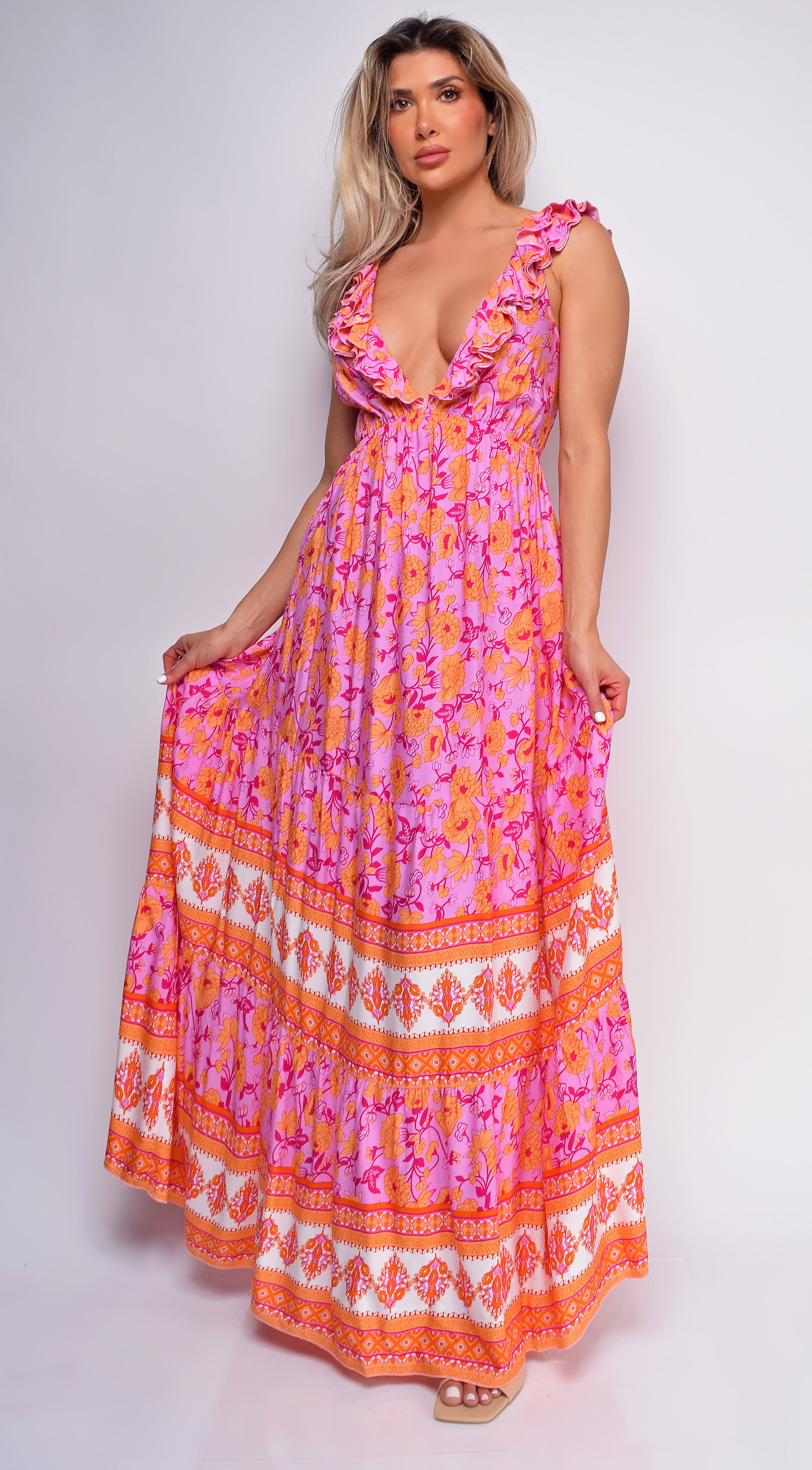 Greta Pink Multi Color Floral Print Maxi Dress