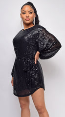 Tara Black Belted Sequin Dress