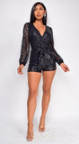 Tempo Black Sequin Long Sleeve Belted Romper