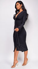 Perrine Black Front Drape Midi Dress