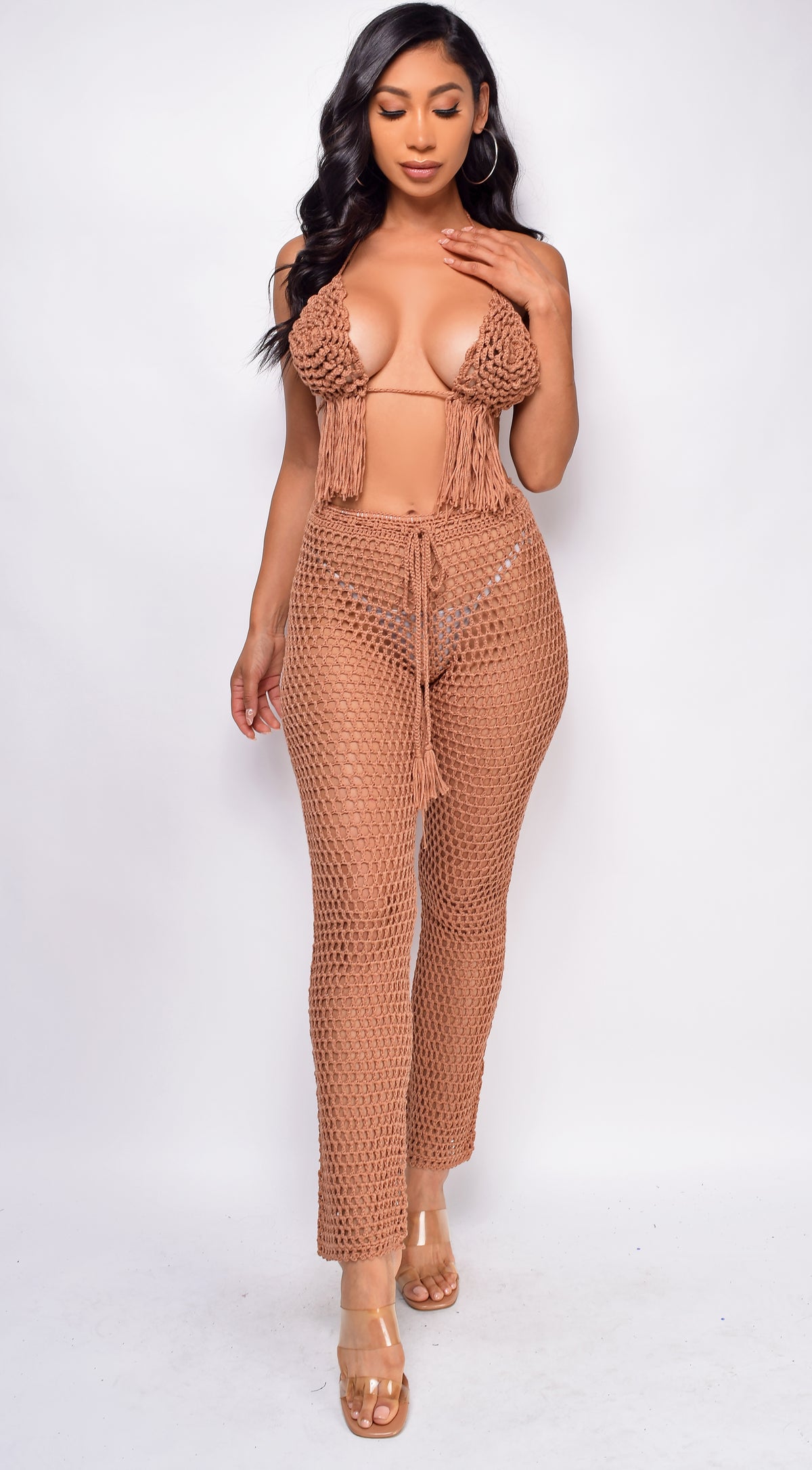 Kalea Mocha Beige Crochet Bra & Pants Cover Up Set