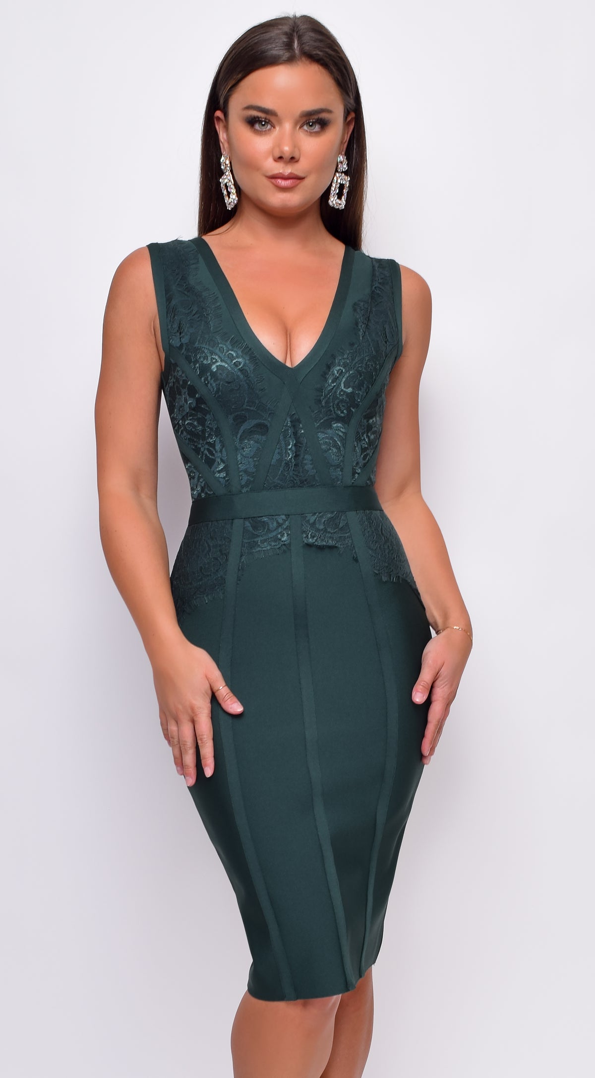 Tavia Green V Neck Lace Bandage Midi Dress