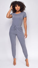 All Day Long Blue Gray Short Sleeve Drawstring Jogger Jumpsuit