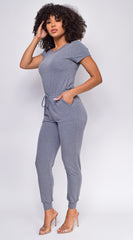 All Day Long Blue Gray Short Sleeve Drawstring Jogger Jumpsuit