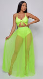 Palmaria Neon Lime Pleated Sheer Tulle Maxi Cover-up Skirt