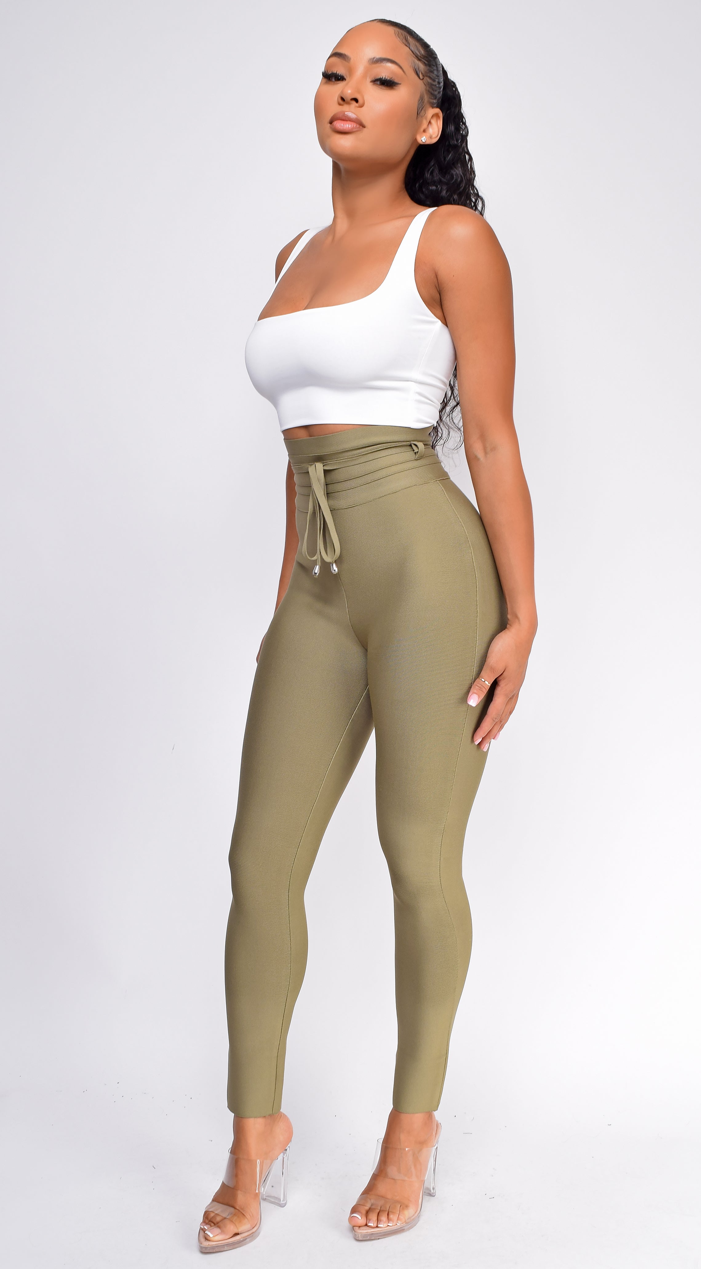 Hara Olive Green High Waist Belted Bandage Pants