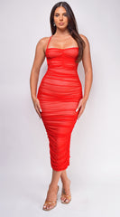 Keilana Red Beige Mesh Ruched Midi Dress
