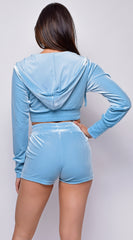 Lounge Around Baby Blue Velour Crop Hoodie Shorts Set