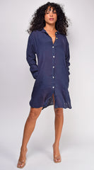 Vienna Navy Blue Lone Sleeve Button Down Linen Shirt Dress