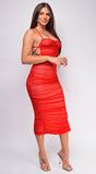 Keilana Red Beige Mesh Ruched Midi Dress