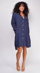 Vienna Navy Blue Lone Sleeve Button Down Linen Shirt Dress