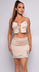 Ariadne Beige Satin Lace Detail Set full length front view on model
