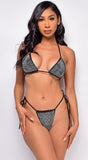 Iseppa Black Silver Rhinestone Triangle Tie up Bikini