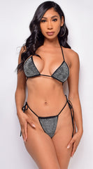 Iseppa Black Silver Rhinestone Triangle Tie up Bikini