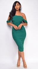 Kat Mesh Off Shoulder Dress - Hunter Green