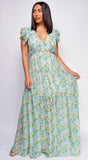 Vee Green Multi Floral Print Ruffle Maxi Dress