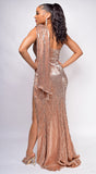 Letitia Gold A-symmetrical Fitted Sequin Gown