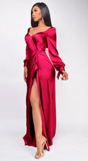 Adalina Burgundy Red Satin Wrap Slit Gown close-up of satin fabric