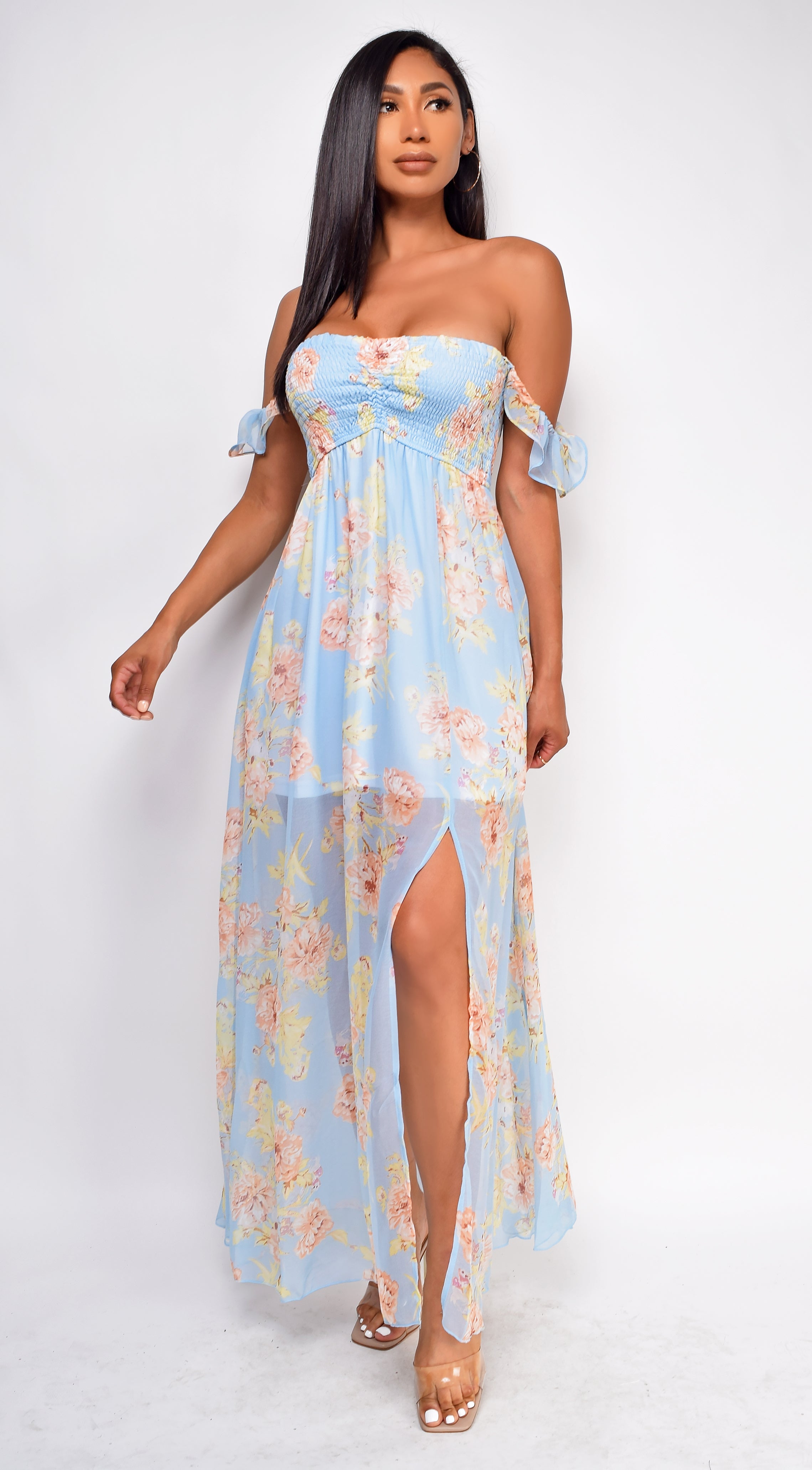 Faith Blue Floral Off Shoulder Maxi Dress