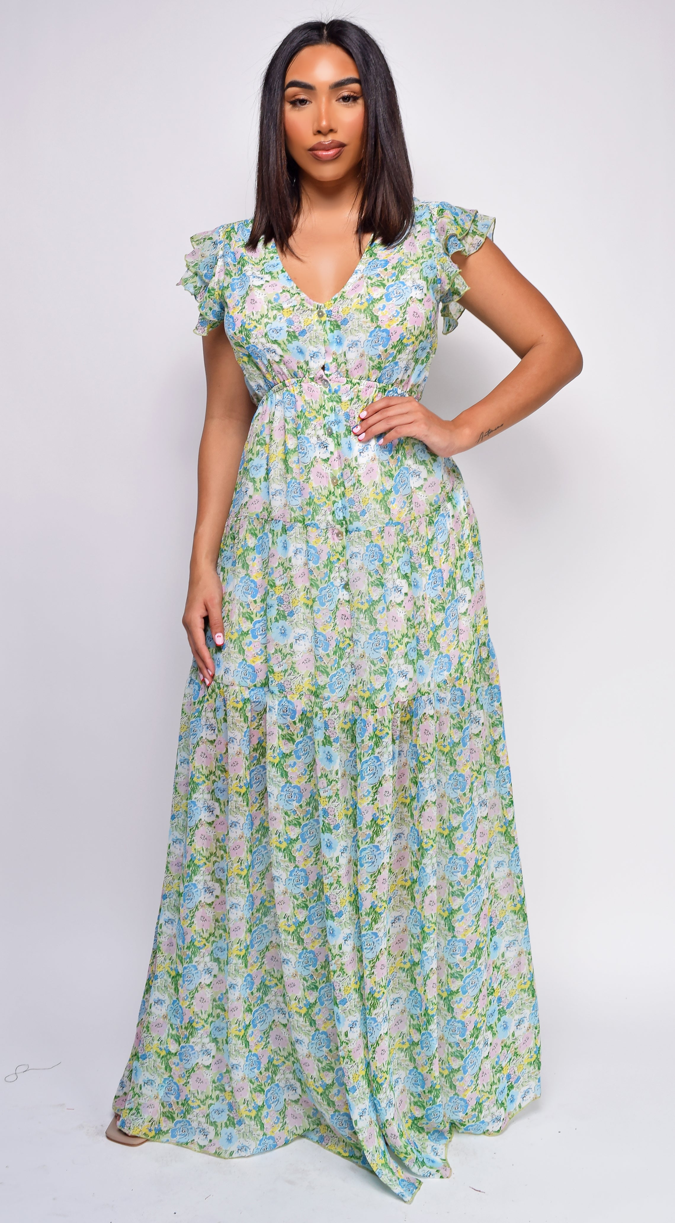 Vee Green Multi Floral Print Ruffle Maxi Dress