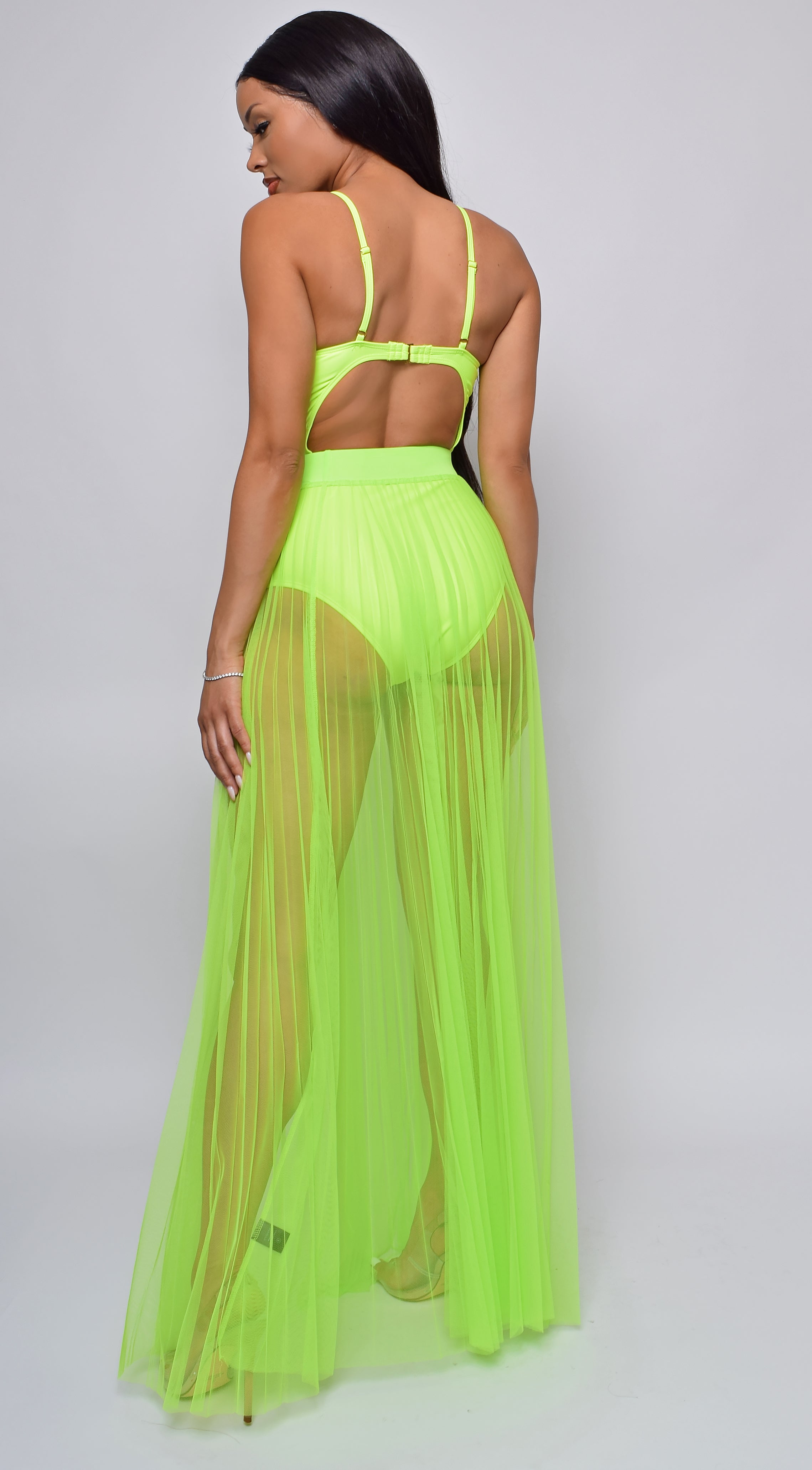 Palmaria Neon Lime Pleated Sheer Tulle Maxi Cover-up Skirt