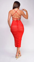 Keilana Red Beige Mesh Ruched Midi Dress