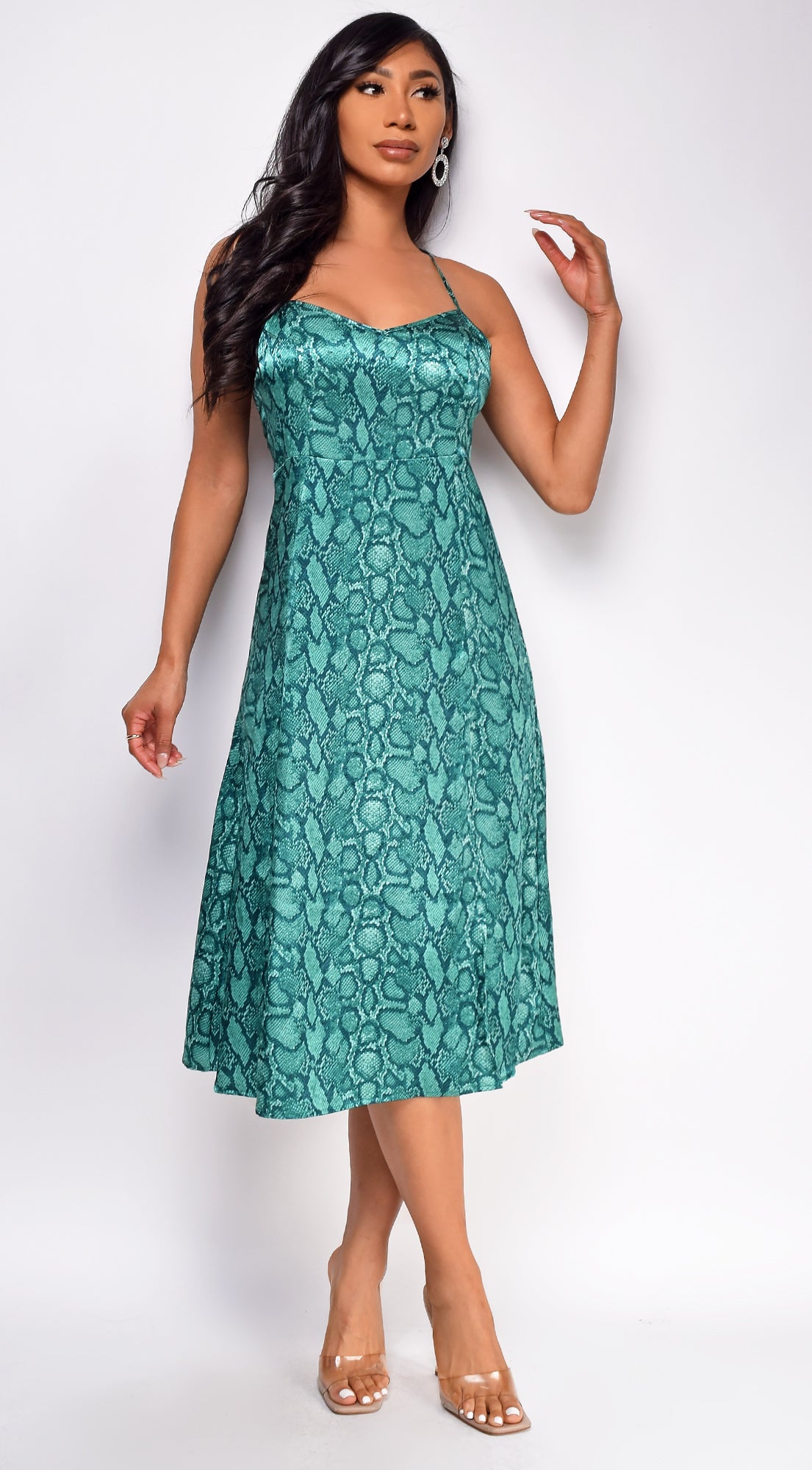Anisa Green Snake Print Satin Midi Dress