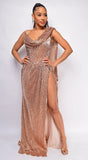 Letitia Gold A-symmetrical Fitted Sequin Gown