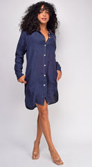 Vienna Navy Blue Lone Sleeve Button Down Linen Shirt Dress