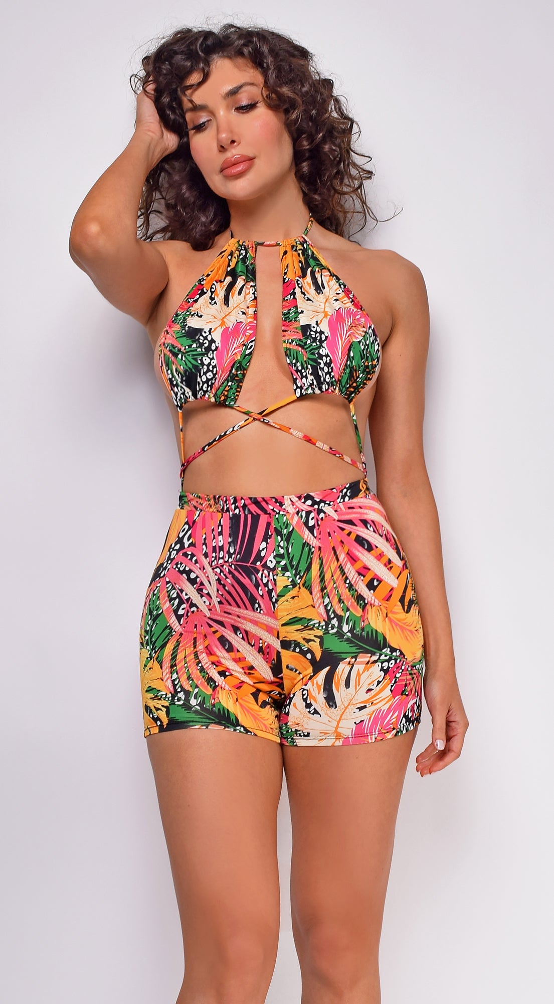 Hawaii Pink Green Multi Tropical Print Romper