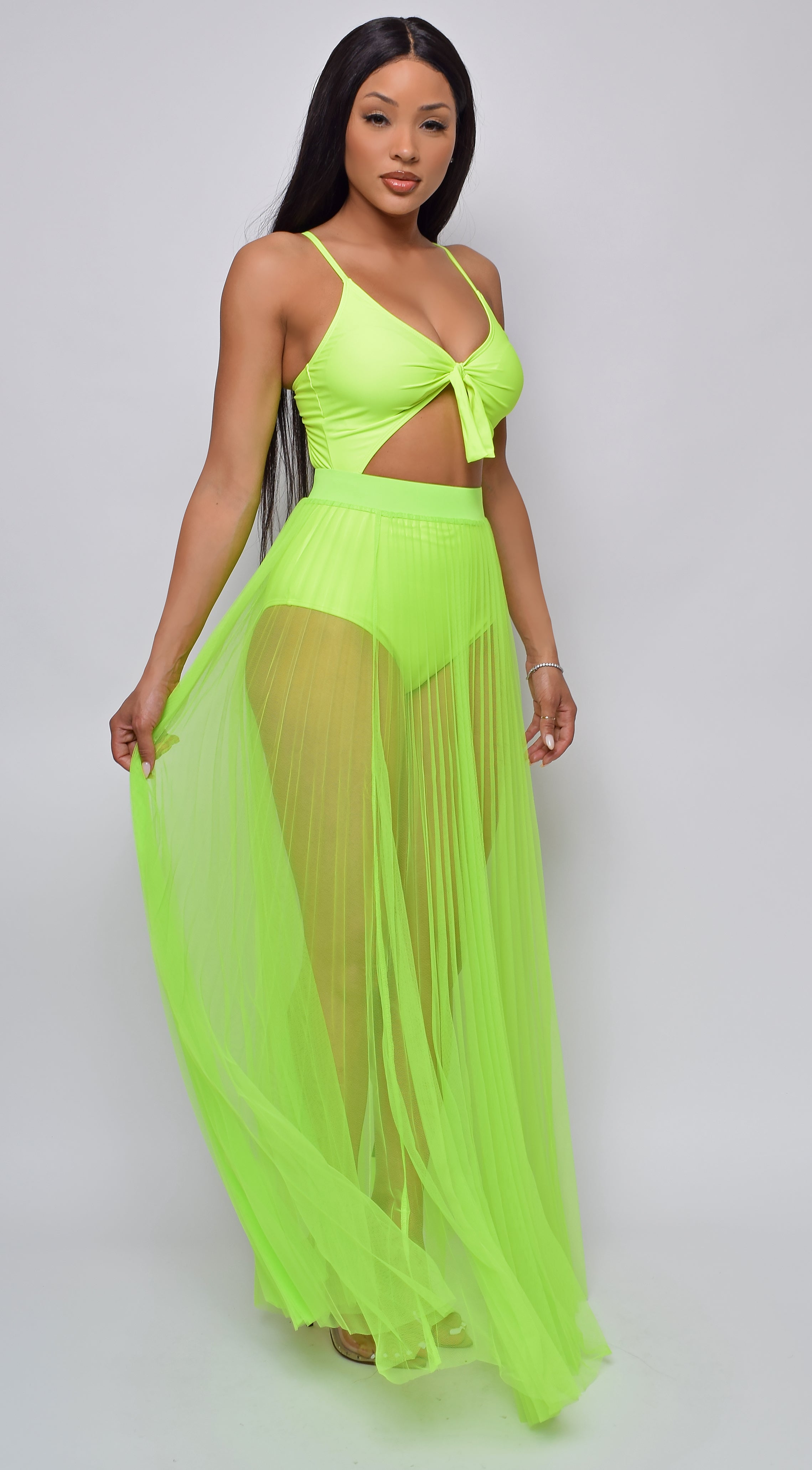 Palmaria Neon Lime Pleated Sheer Tulle Maxi Cover-up Skirt