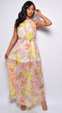 Topaz White Yellow Multi Color Floral Print Maxi Dress