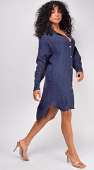 Vienna Navy Blue Lone Sleeve Button Down Linen Shirt Dress