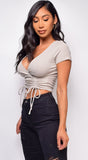 Alex Beige Taupe Surplice Ruched Knit Top