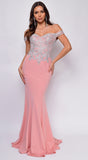 Ensley Pink Off Shoulder Silver Lace Detail Gown
