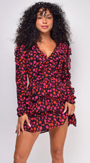 Anahi Black Floral Print Ruffle Mini Dress full length front view on model