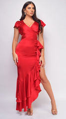 Jolie Red Satin Ruffle Maxi Dress