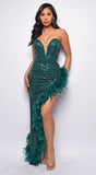 Naiya Green Sequin Feather Gown