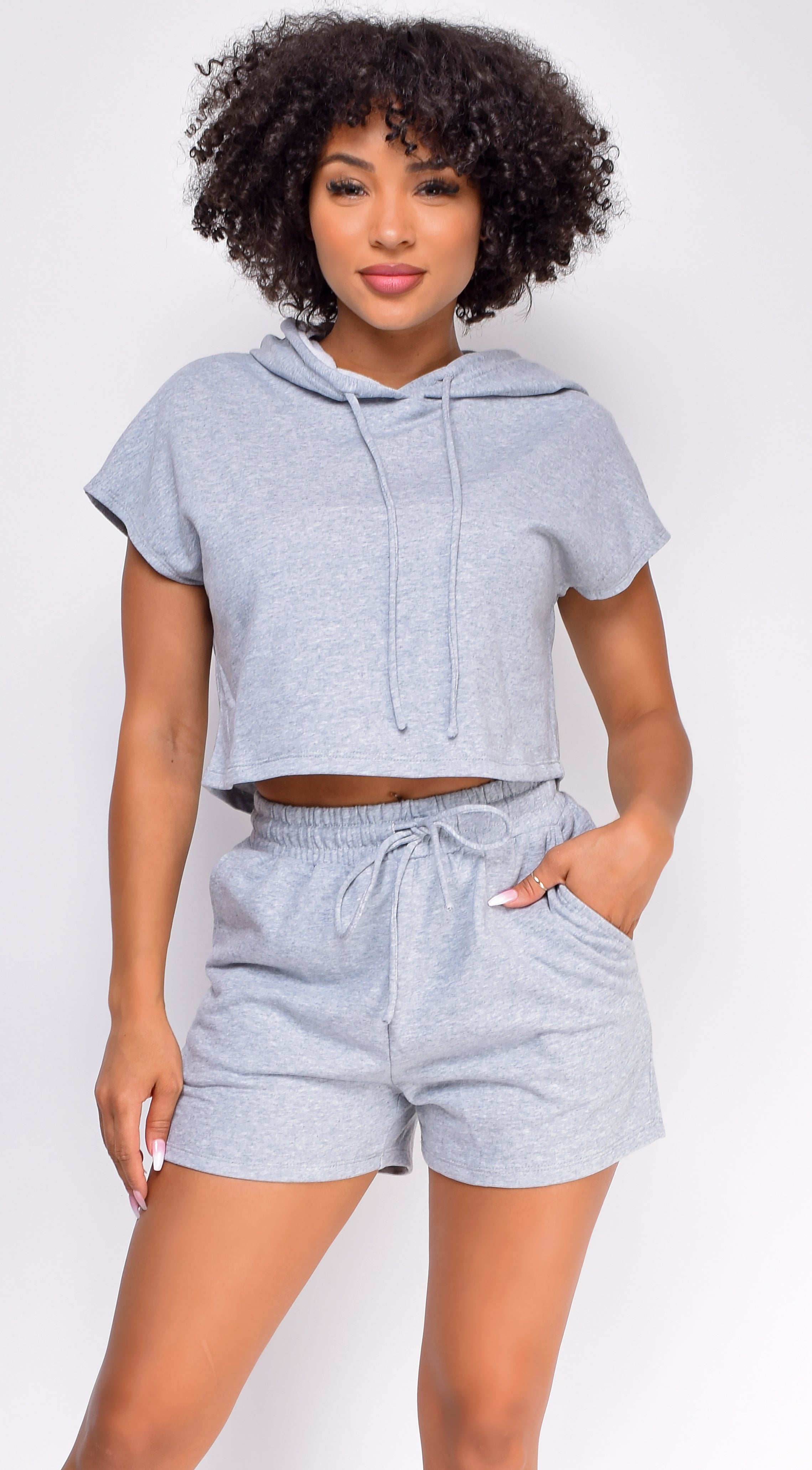 Chenille Grey Crop Hoodie And Short Set