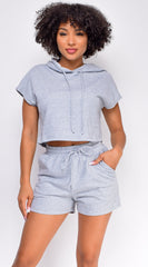 Chenille Gray Crop Hoodie And Short Set