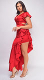 Jolie Red Satin Ruffle Maxi Dress