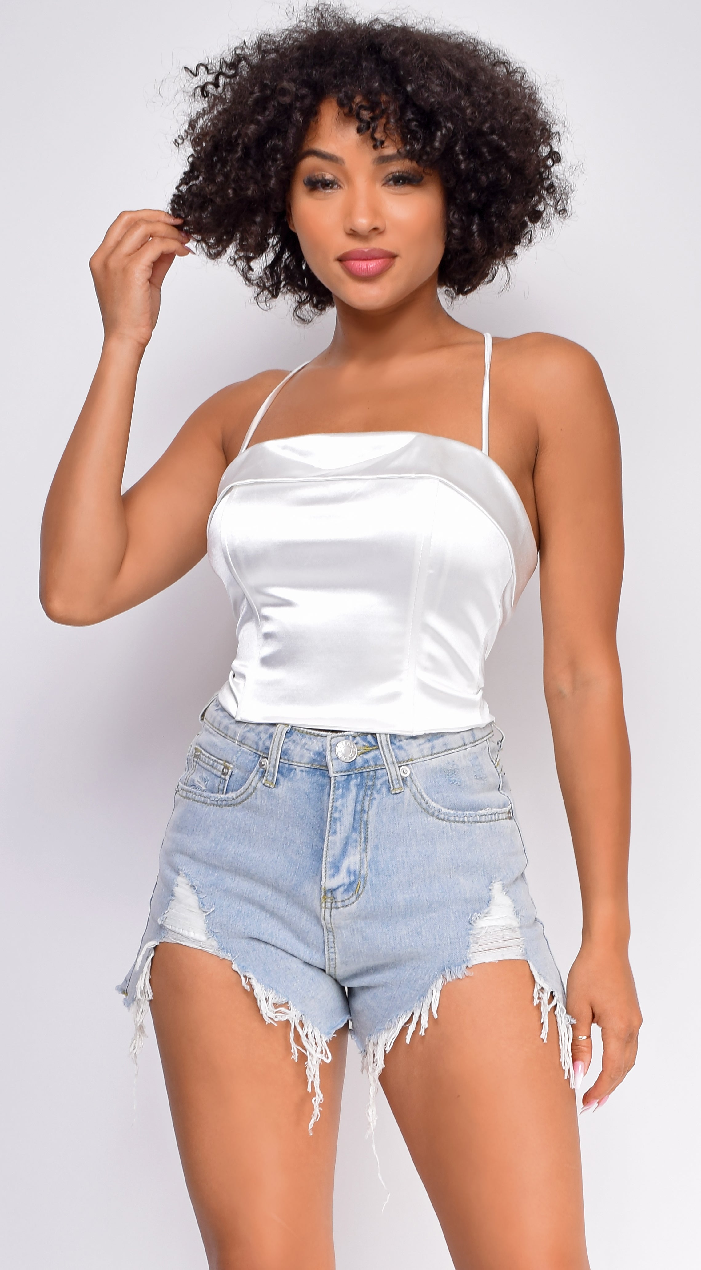 Aleena White Satin Criss Cross Crop Top