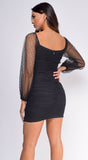Neema Black Lace Up Mesh Sleeves Ruched Dress