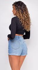 Zavey Blue Turn Up Denim Shorts back view on model