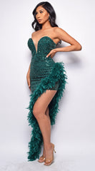 Naiya Green Sequin Feather Gown